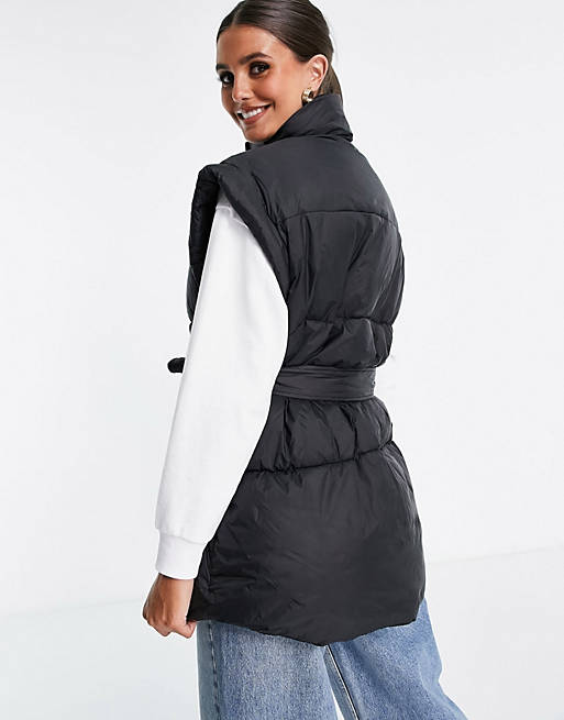 Women Tall belted gilet puffer jacket in black 