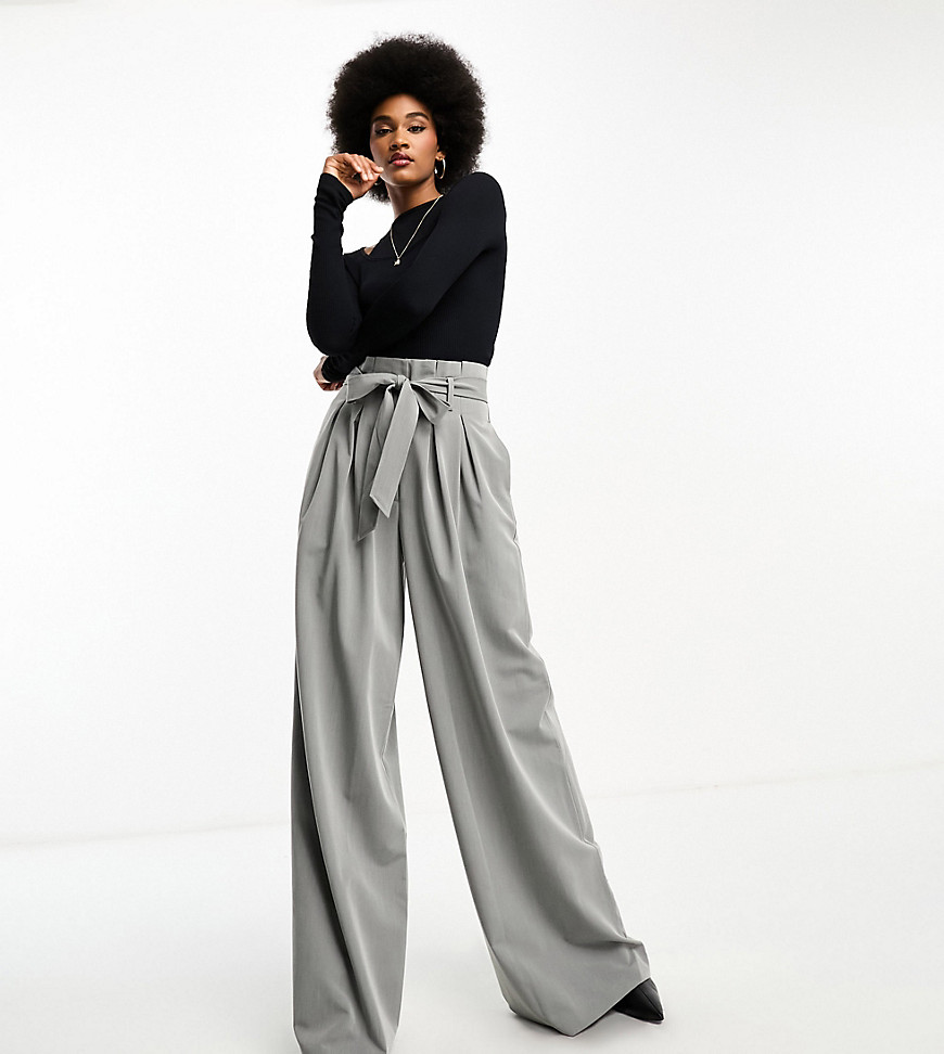 ASOS DESIGN Tall belted paperbag co-ord trouser in light grey