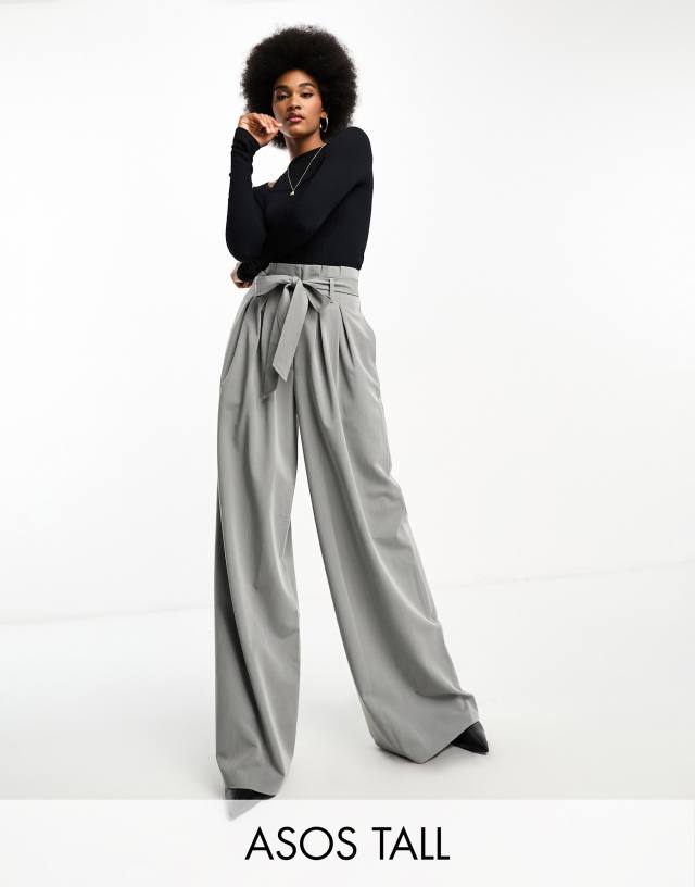 ASOS Tall - ASOS DESIGN Tall belted paperbag co-ord trouser in light grey