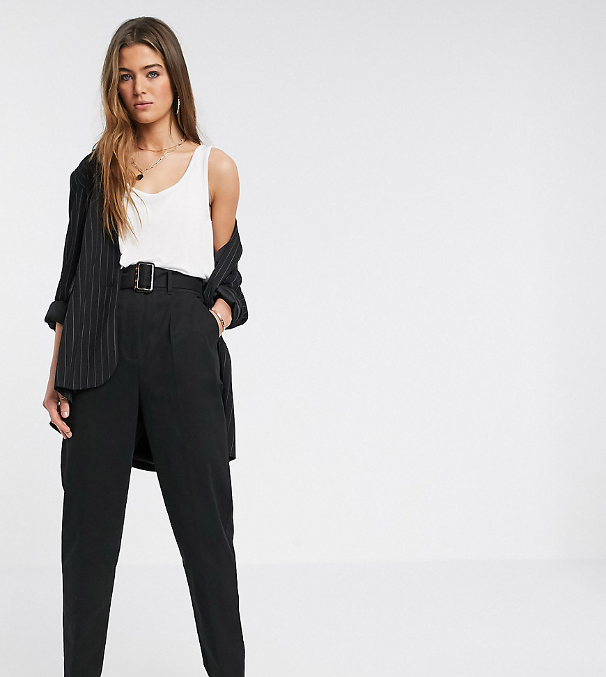 ASOS DESIGN Tall belted peg trousers with tortoiseshell buckle in black