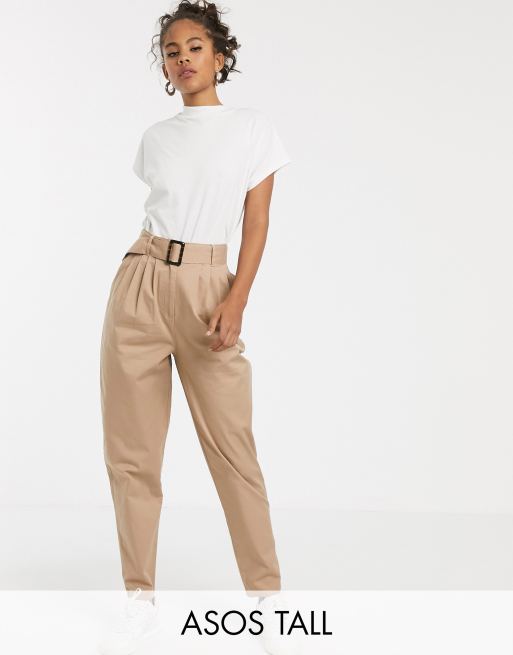 ASOS DESIGN Tall belted peg trousers with tortoiseshell buckle