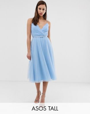 asos design belted pleated tulle cami midi dress