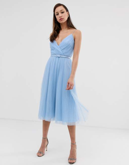 ASOS DESIGN Tall belted pleated tulle cami midi dress | ASOS