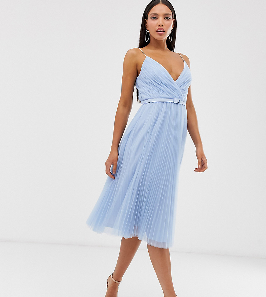 ASOS DESIGN Tall belted pleated tulle cami midi dress-Pink