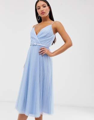 asos design belted pleated tulle cami midi dress