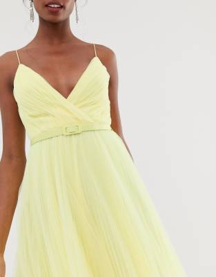 asos design belted pleated tulle cami midi dress