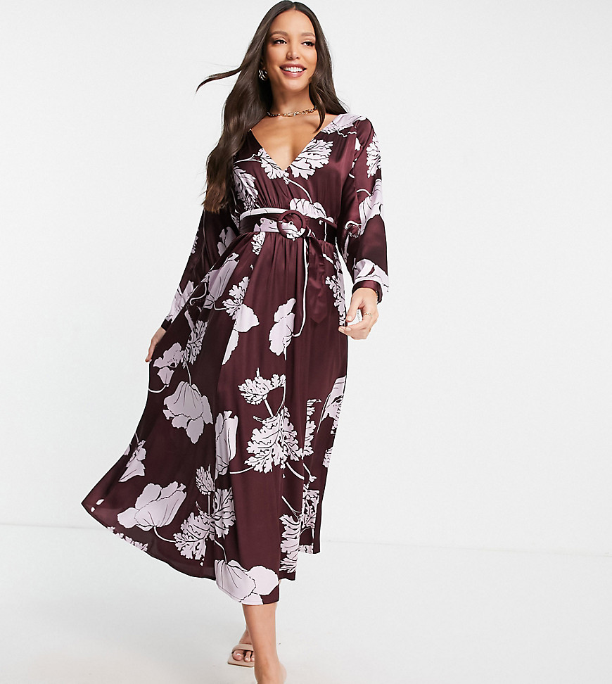 ASOS DESIGN Tall belted satin batwing midi tea dress in purple oversized contrast floral-Multi