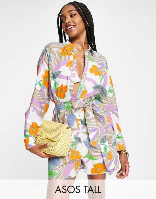 ASOS DESIGN Tall belted shirt beach romper in swirl floral print-Multi