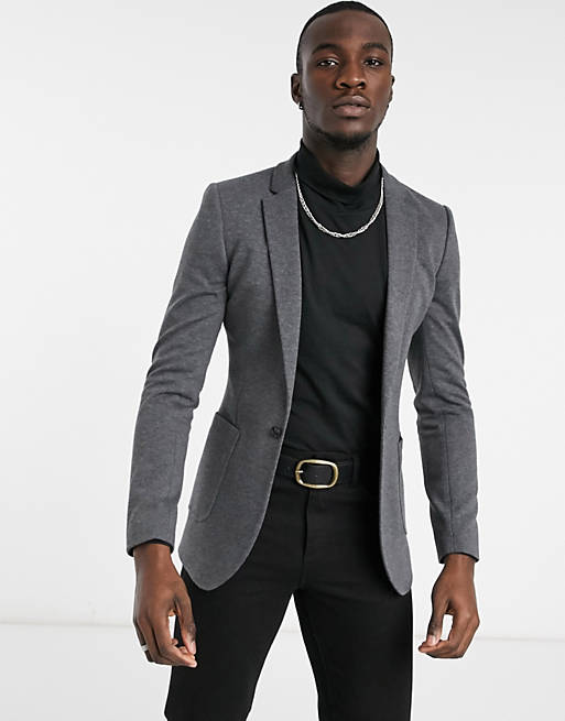 Men Tall belted super skinny jersey blazer in charcoal 