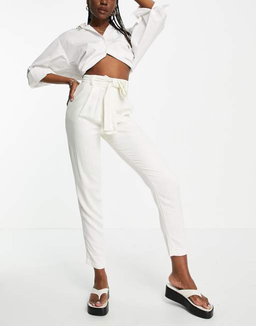 ASOS DESIGN Tall belted tapered linen pants in cream