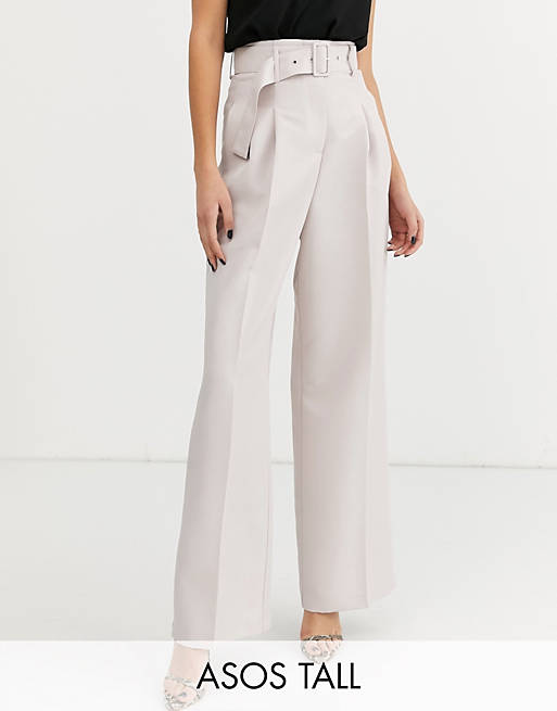 ASOS DESIGN Tall belted wide leg pants in stone | ASOS