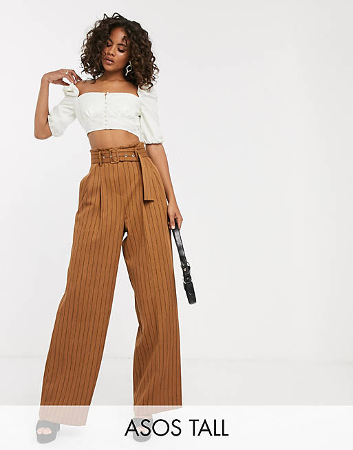 ASOS DESIGN Tall belted wide leg trousers in pinstripe | ASOS