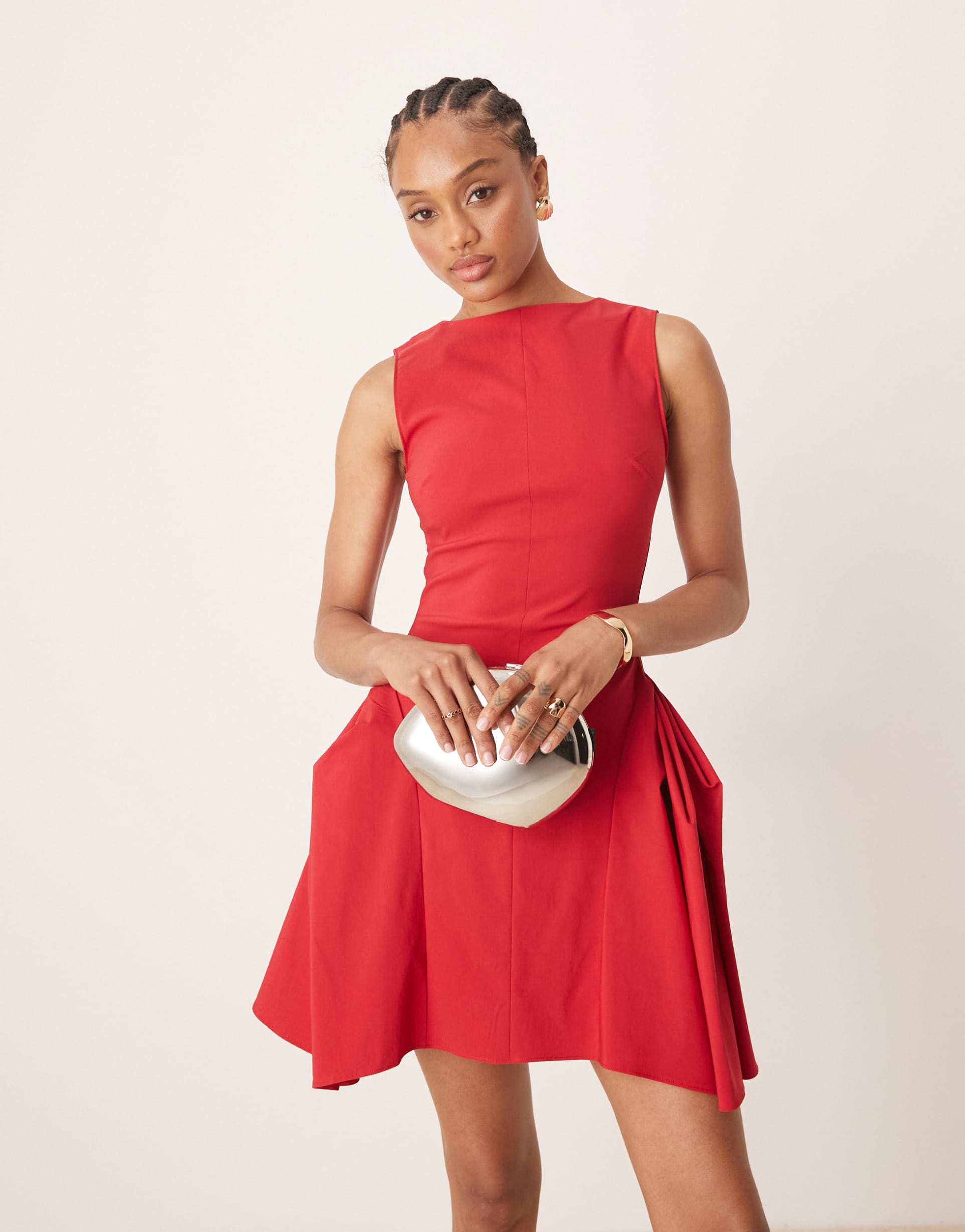 asos design tall bengaline high neck pleated hip details mini dress in red