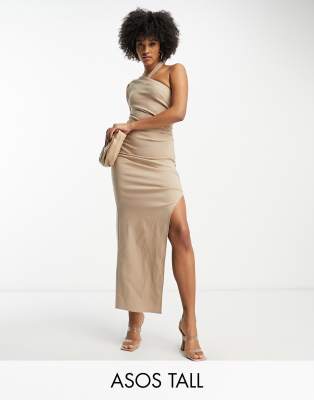 ASOS DESIGN Tall bengaline one shoulder wrap neck bodycon midi dress with split in camel-Neutral