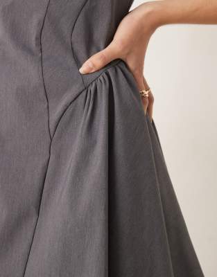 asos design tall bengaline scoop neck structured flippy mini dress in charcoal