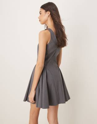 asos design tall bengaline scoop neck structured flippy mini dress in charcoal