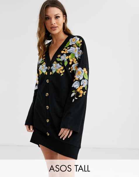 ASOS DESIGN Tall – Besticktes Minikleid aus Sweatmaterial, durchgehend geknöpft