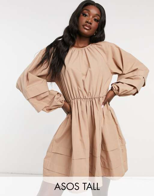 ASOS DESIGN Tall – Beżowa popelinowa luźna sukienka mini z rękawami balonowymi i zaszewkami