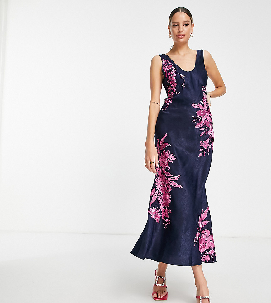 Asos Tall Asos Design Tall Bias Cut Midi Slip Dress In Satin With Contrast Floral Embroidery-navy
