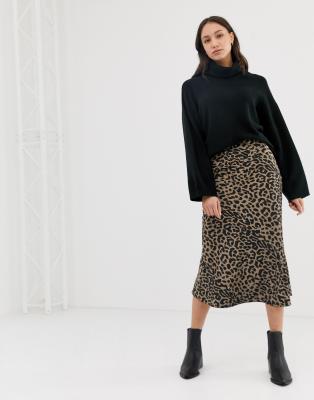 asos design bias cut satin midi skirt in leopard print