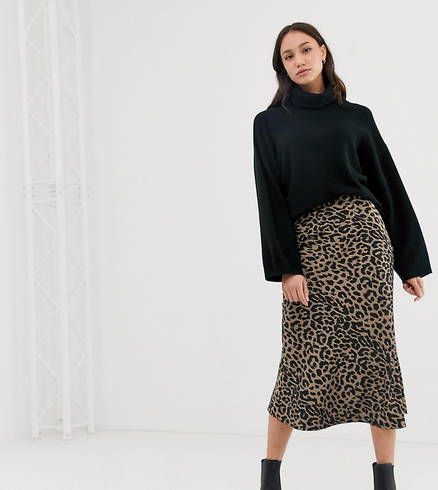 ASOS DESIGN Tall bias cut satin midi skirt in leopard print-Multi