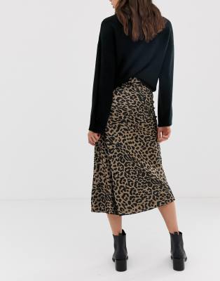 asos design bias cut satin midi skirt in leopard print