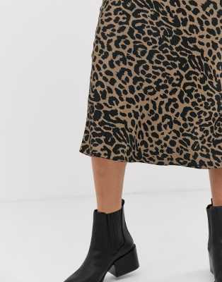 asos design bias cut satin midi skirt in leopard print