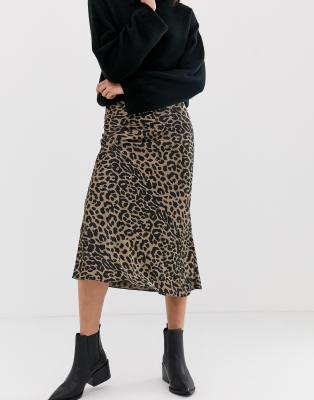 asos design bias cut satin midi skirt in leopard print