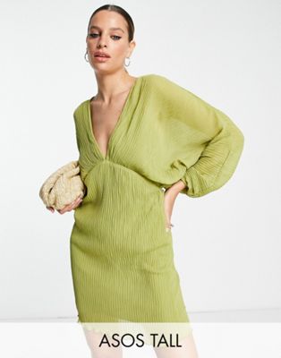 ASOS DESIGN Tall bias plisse mini dress with batwing sleeve in olive-Green