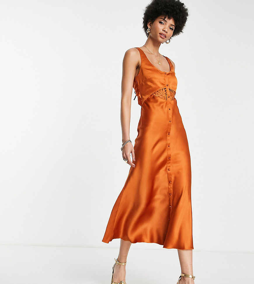 ASOS DESIGN Tall bias satin midi dress with delicate lace detail and button through detail in rust-O