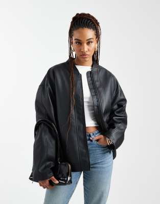 ASOS DESIGN Tall - Bikerjacke aus Kunstleder in Schwarz mit gestepptem Futter