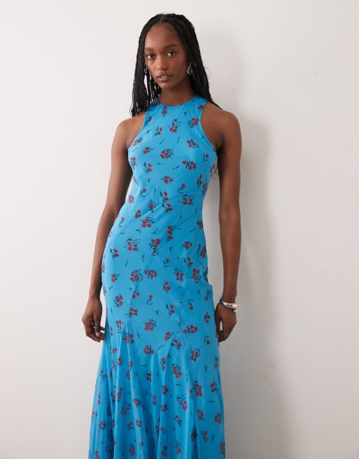 ASOS DESIGN Tall – Blå, blommig, diagonalskuren maxiklänning med brottarringning och klockad kjol, 2 av 4