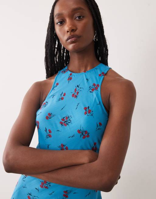 ASOS DESIGN Tall – Blå, blommig, diagonalskuren maxiklänning med brottarringning och klockad kjol, 3 av 4