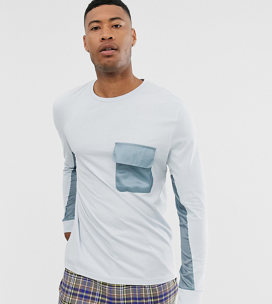 ASOS DESIGN Tall – Blå långärmad t-shirt med avslappnad passform och vävda paneler