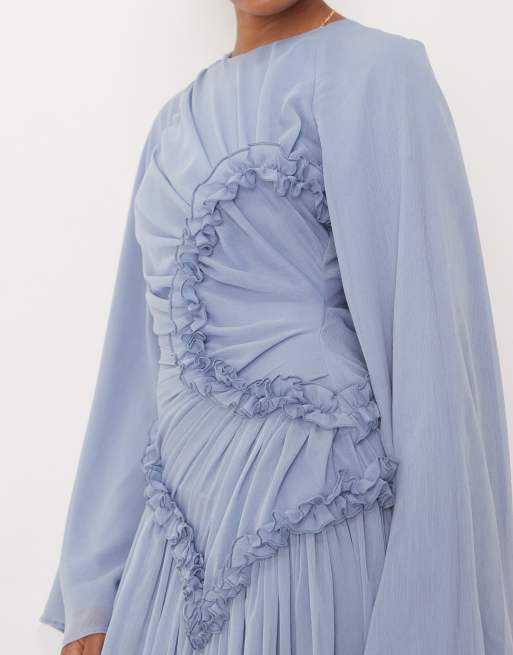 ASOS DESIGN Tall - Blå maxikjole med stofsamlinger, rynker og mikro-flæser i chiffon, 4 af 4