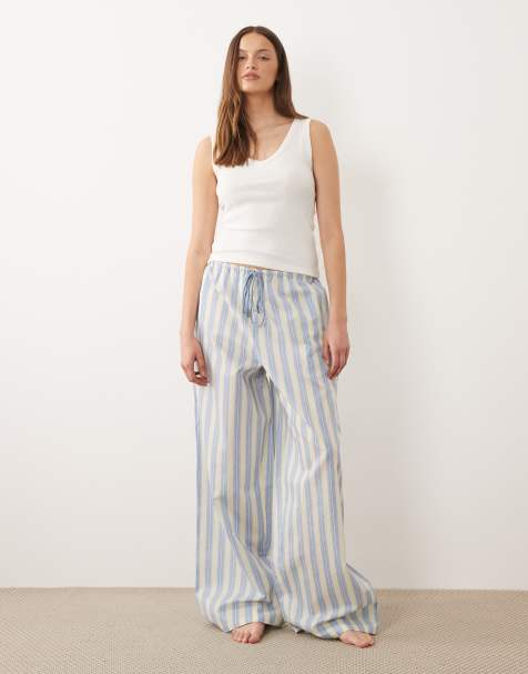 ASOS DESIGN Tall - Blå og citrongule vævede natbukser med striber - view 1