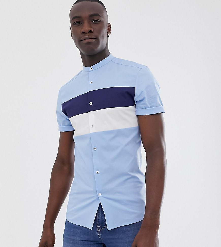 ASOS DESIGN Tall – Blå panelsydd skjorta med extra smal passform murarkrage