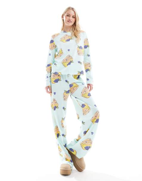 ASOS DESIGN Tall – Blå, pannkaksmönstrad pyjamas med långärmad topp och byxor - view 1