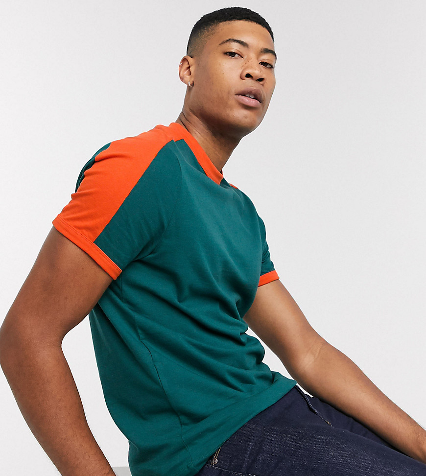 ASOS DESIGN Tall – Blågrön t-shirt i ekologiskt material med kontrastpanel på axeln