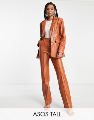 ASOS DESIGN Tall fitted leather look blazer in rust brown - ASOS Price Checker
