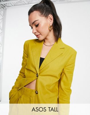 ASOS DESIGN Tall linen slim straight suit blazer in golden palm - ASOS Price Checker