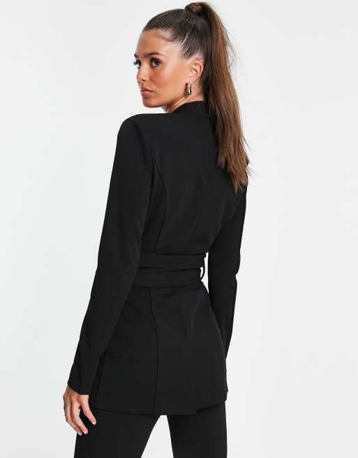 ASOS DESIGN Tall - Blazer nero da abito in jersey allacciato in vita con cintura obi, 2 di 4