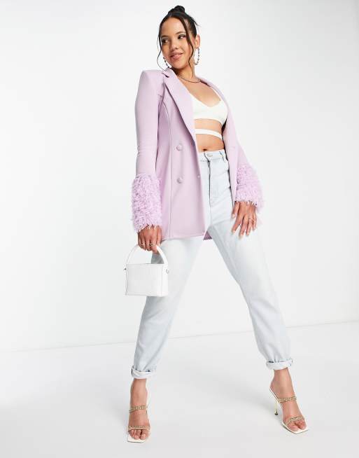 ASOS DESIGN Tall Blazer taglio lungo in jersey lilla con polsini in piume sintetiche ASOS
