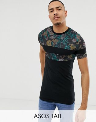ASOS DESIGN Tall – Blockfärgad, blommig t-shirt i muscle fit-modell-Svart