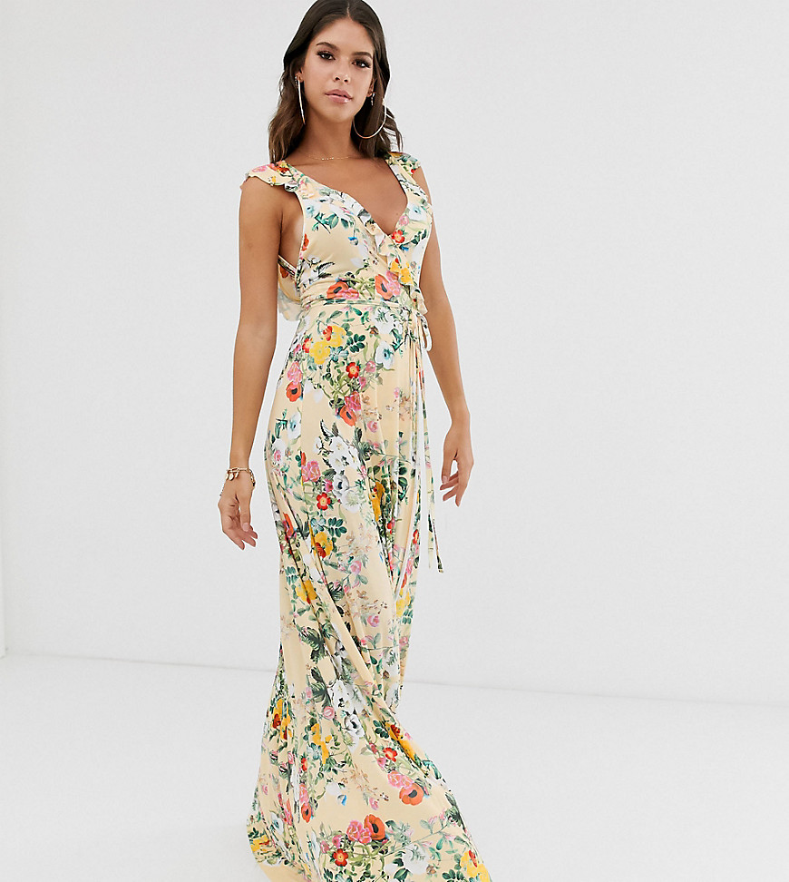 ASOS DESIGN – Tall – Blommig maxiklänning med omlott, volang och knytning-Flerfärgad