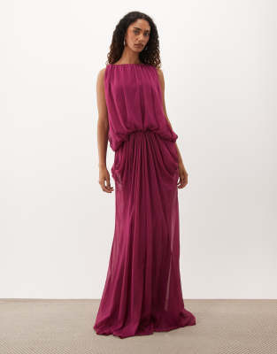 Asos Tall Asos Design Tall Blouson Drape Maxi Dress With Low Back In Red