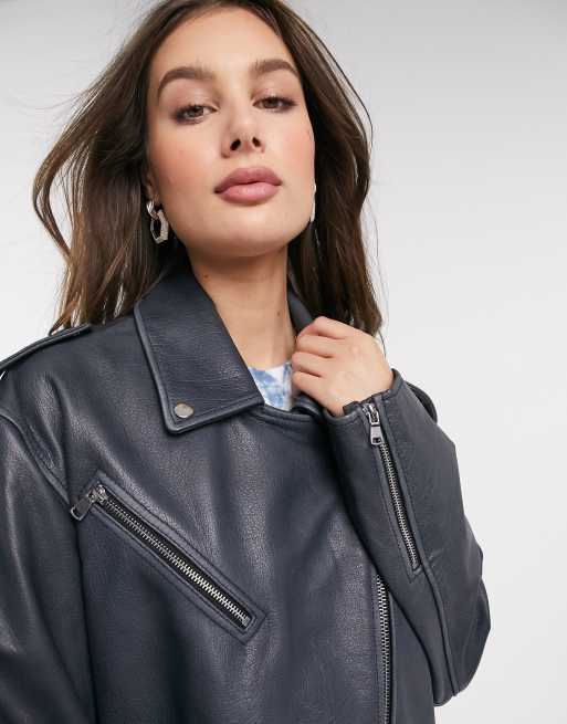 ASOS DESIGN Tall - Blouson en cuir style motard oversize - Noir délavé, 3 de 4