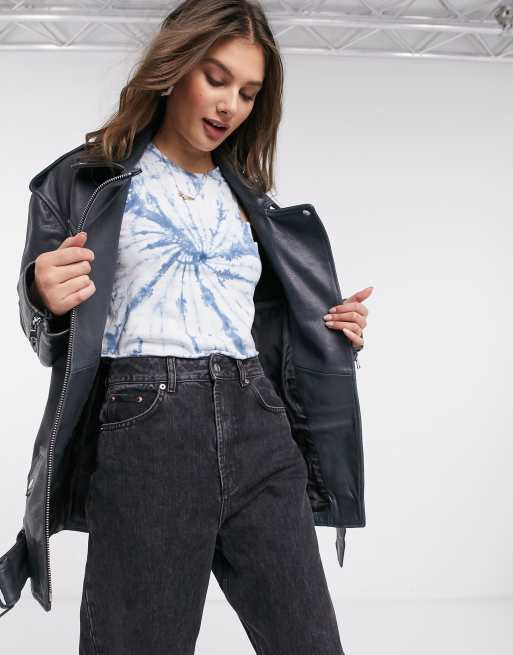 ASOS DESIGN Tall - Blouson en cuir style motard oversize - Noir délavé, 4 de 4