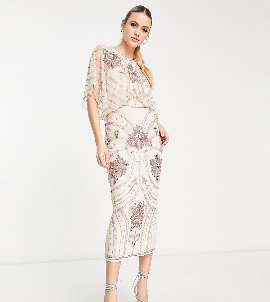 Asos Tall Asos Design Tall Blouson Midi Dress With Art Nouveau Embellishment In Cream-neutral