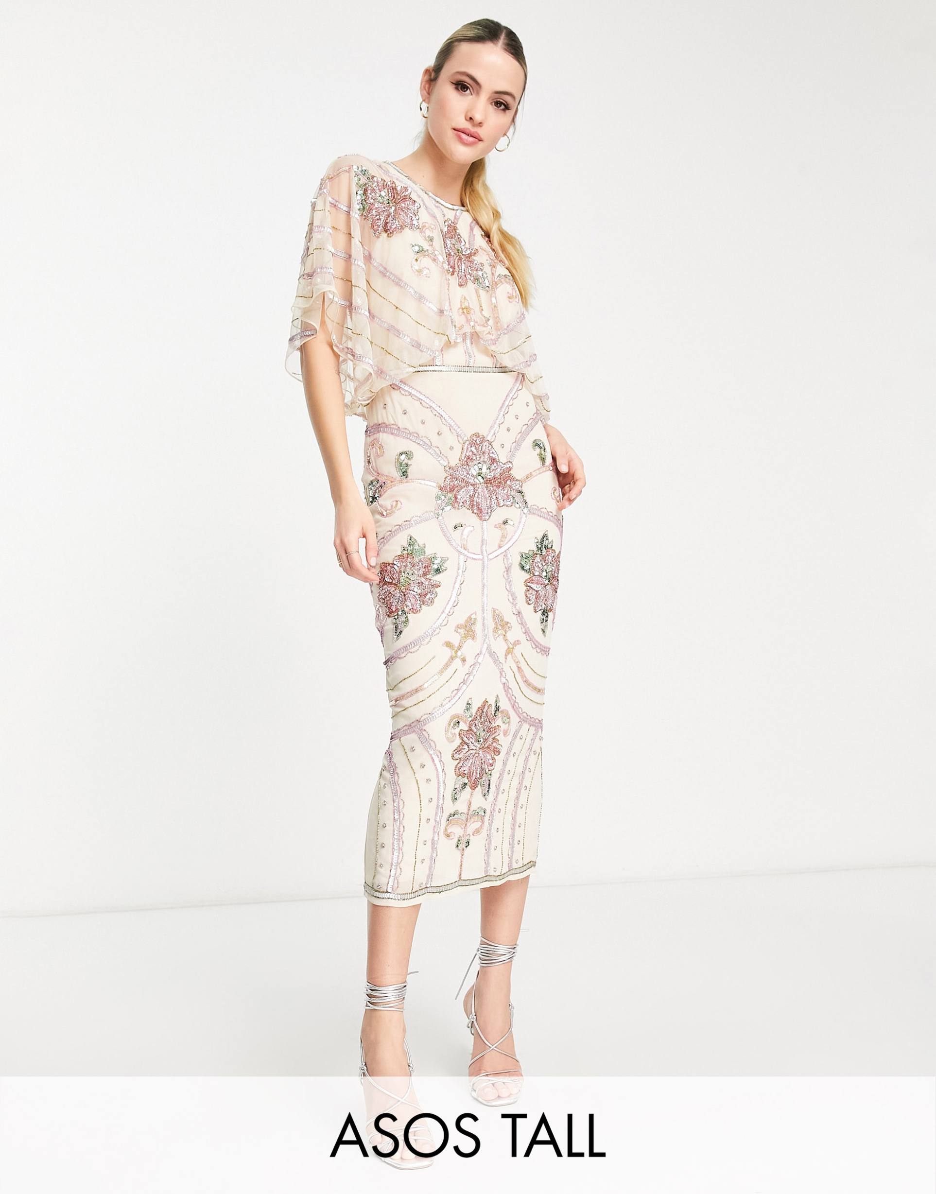 asos design tall blouson midi dress with art nouveau embellishment in cream